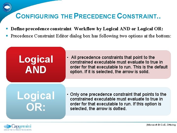 CONFIGURING THE PRECEDENCE CONSTRAINT. . § Define precedence constraint Workflow by Logical AND or