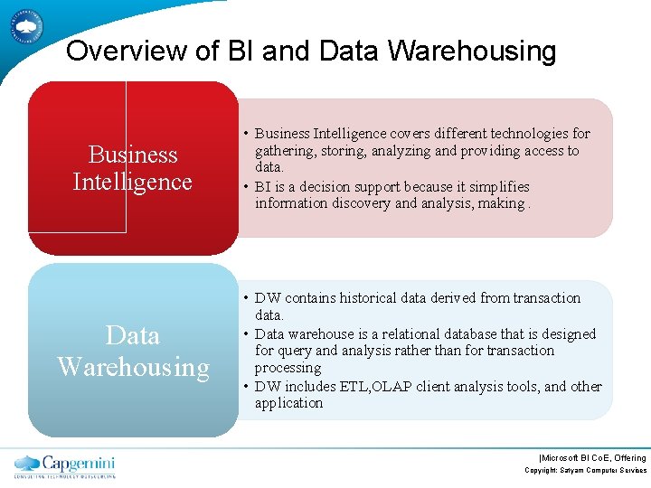 Overview of BI and Data Warehousing Business Intelligence Data Warehousing • Business Intelligence covers