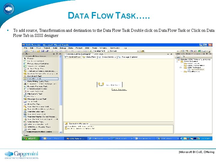 DATA FLOW TASK…. . § To add source, Transformation and destination to the Data