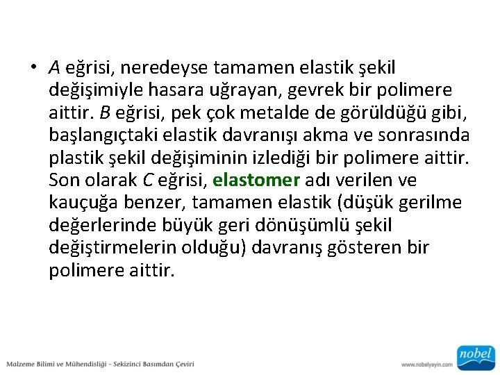  • A eğrisi, neredeyse tamamen elastik şekil değişimiyle hasara uğrayan, gevrek bir polimere