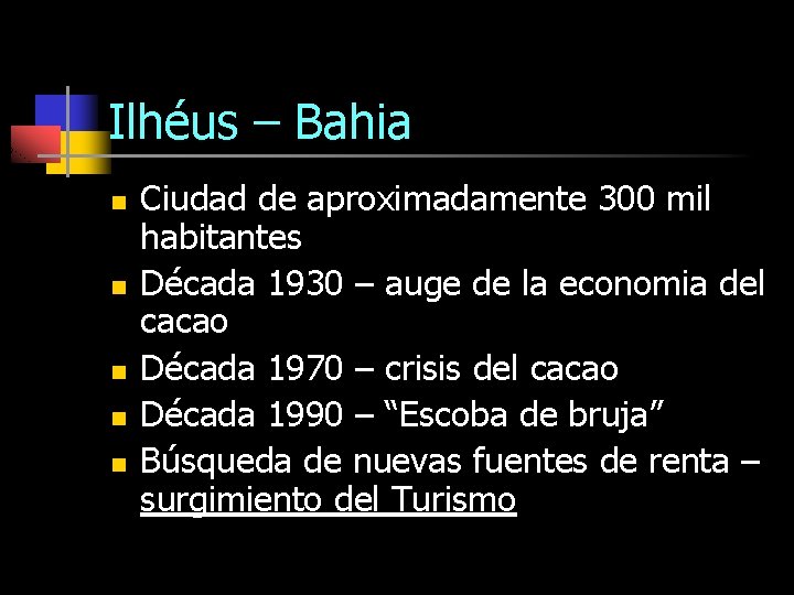 Ilhéus – Bahia n n n Ciudad de aproximadamente 300 mil habitantes Década 1930