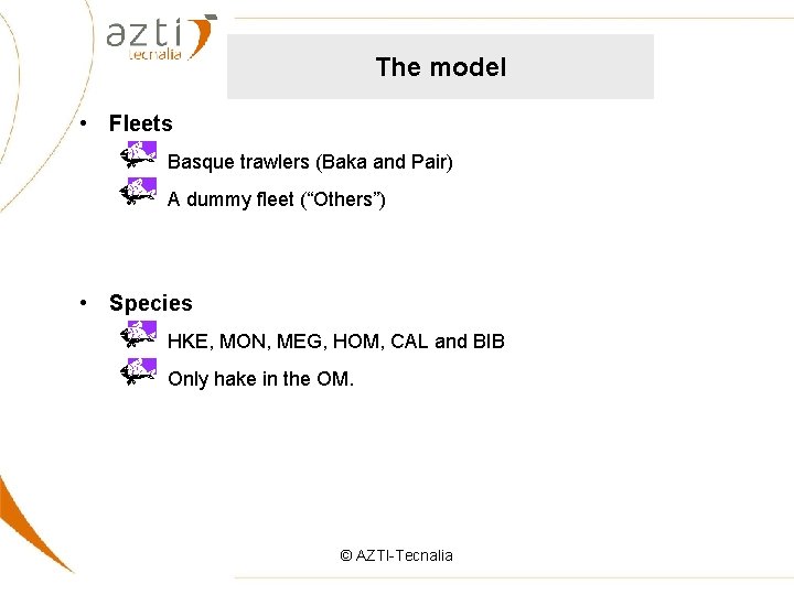 The model • Fleets Basque trawlers (Baka and Pair) A dummy fleet (“Others”) •