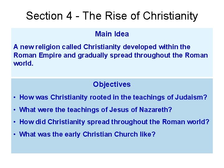 Section 4 - The Rise of Christianity Main Idea A new religion called Christianity