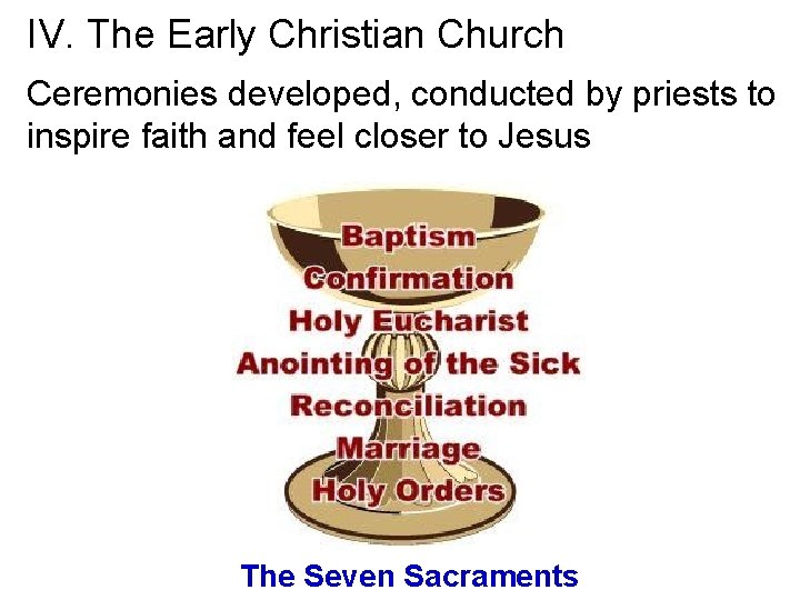 IV. The Early Christian Church Ceremonies developed, conducted by priests to inspire faith and