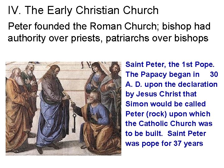 IV. The Early Christian Church Peter founded the Roman Church; bishop had authority over