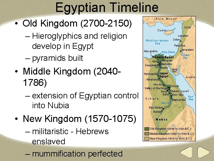 Egyptian Timeline • Old Kingdom (2700 -2150) – Hieroglyphics and religion develop in Egypt