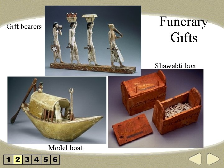 Funerary Gifts Gift bearers Shawabti box Model boat 1 2 3 4 5 6