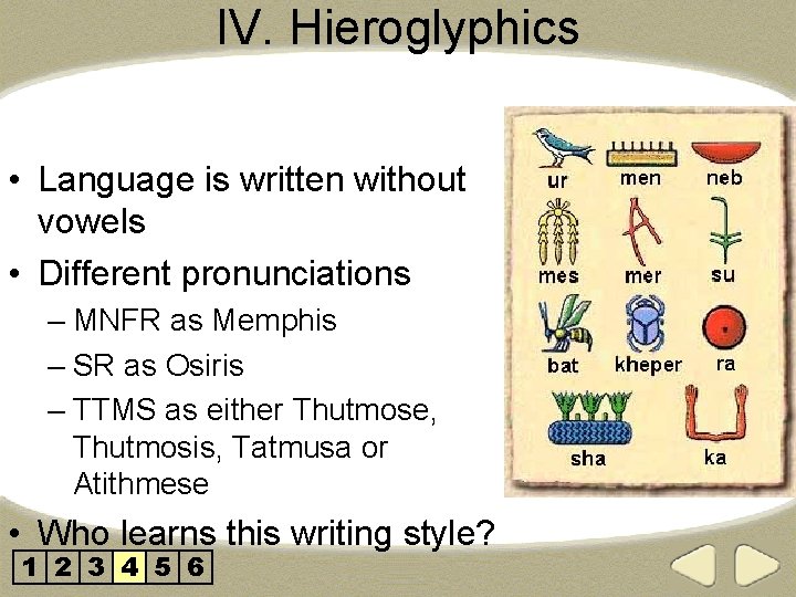 IV. Hieroglyphics • Language is written without vowels • Different pronunciations – MNFR as