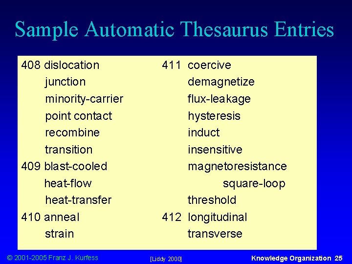 Sample Automatic Thesaurus Entries 408 dislocation junction minority-carrier point contact recombine transition 409 blast-cooled