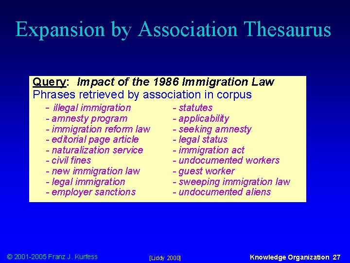 Expansion by Association Thesaurus Query: Impact of the 1986 Immigration Law Phrases retrieved by