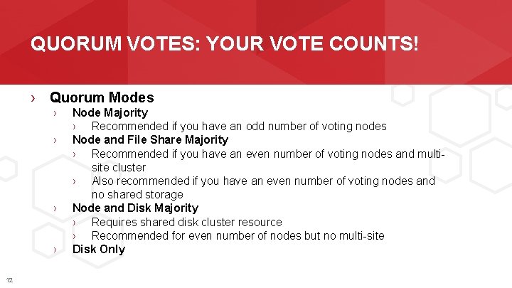 QUORUM VOTES: YOUR VOTE COUNTS! › Quorum Modes › › 12 Node Majority ›