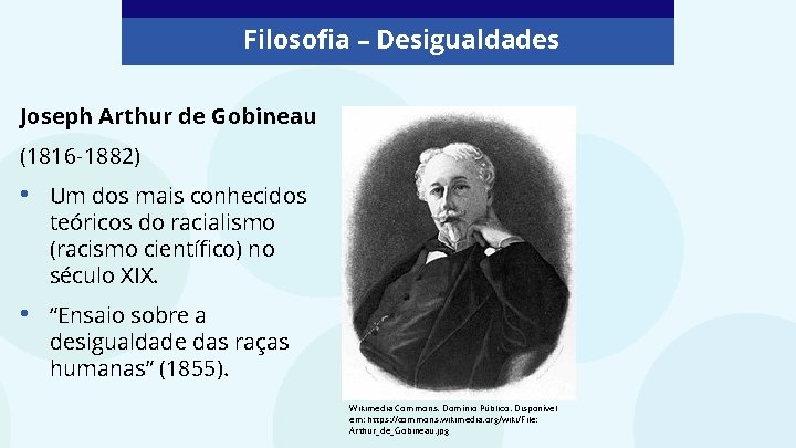 Filosofia – Desigualdades Joseph Arthur de Gobineau (1816 -1882) • Um dos mais conhecidos