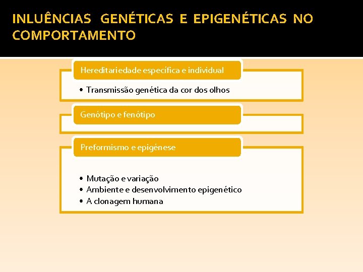 INLUÊNCIAS GENÉTICAS E EPIGENÉTICAS NO COMPORTAMENTO Hereditariedade específica e individual • Transmissão genética da