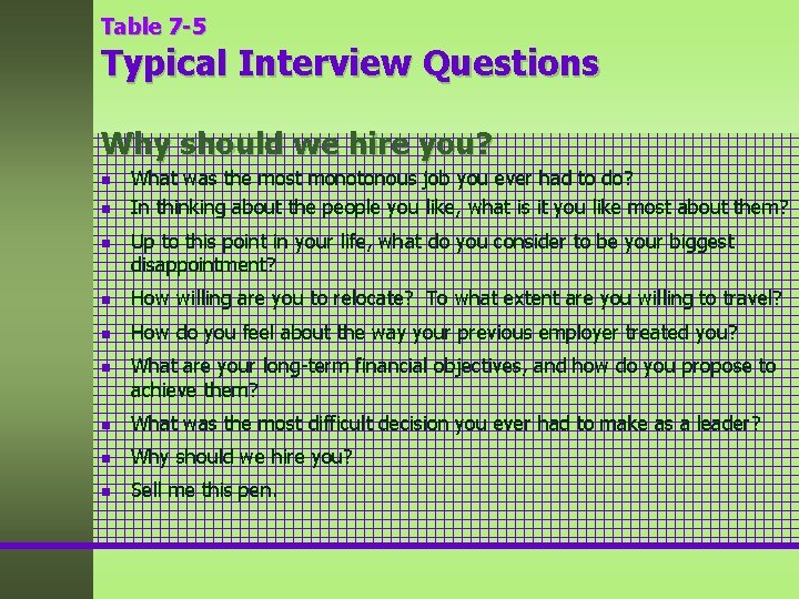 Table 7 -5 Typical Interview Questions Why should we hire you? n n n