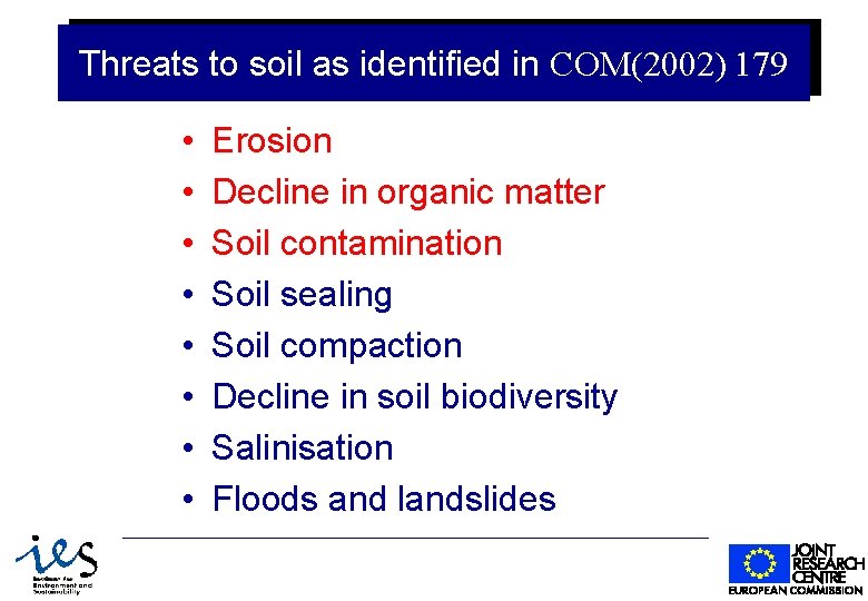 Threats to soil as identified in COM(2002) 179 • • 1/31/2022 Erosion Decline in