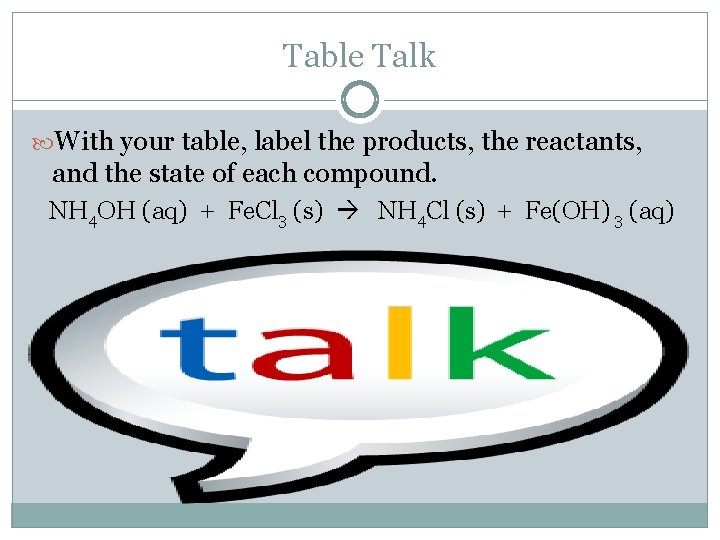 Table Talk With your table, label the products, the reactants, and the state of