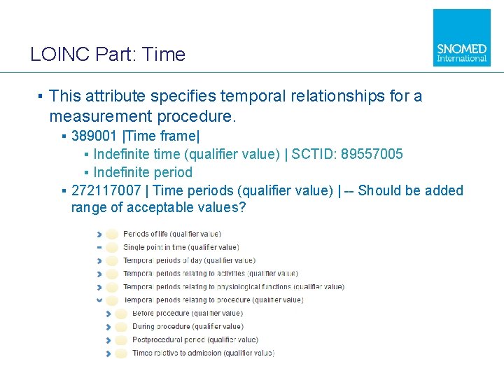 LOINC Part: Time ▪ This attribute specifies temporal relationships for a measurement procedure. ▪