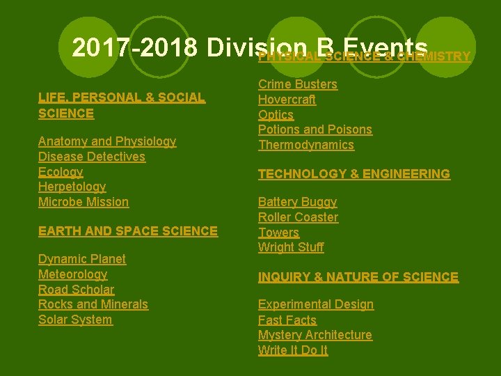 2017 -2018 Division Events PHYSICALB SCIENCE & CHEMISTRY LIFE, PERSONAL & SOCIAL SCIENCE Anatomy