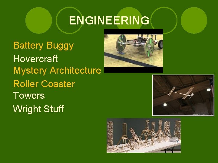 ENGINEERING Battery Buggy Hovercraft Mystery Architecture Roller Coaster Towers Wright Stuff 