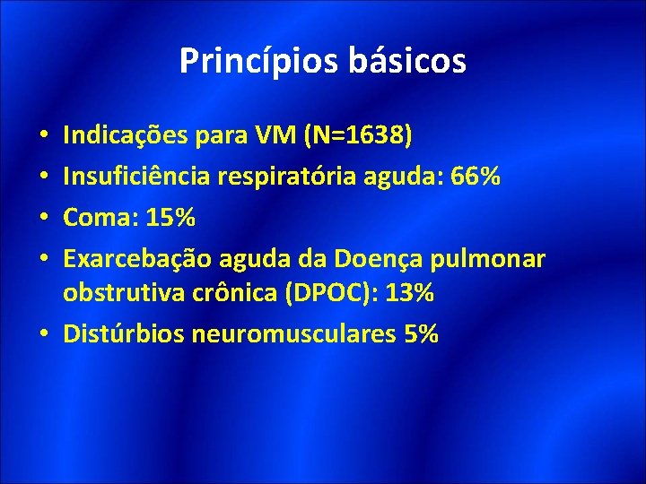 Princípios básicos Indicações para VM (N=1638) Insuficiência respiratória aguda: 66% Coma: 15% Exarcebação aguda