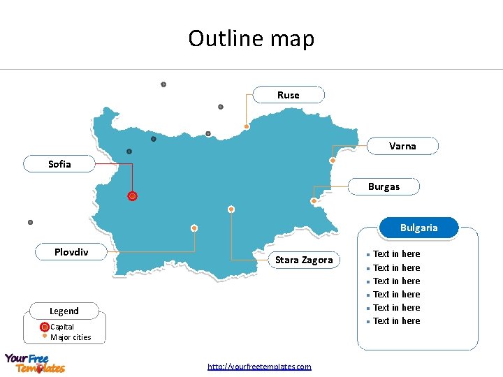 Outline map Ruse Varna Sofia Burgas Bulgaria Plovdiv Stara Zagora Legend Capital Major cities