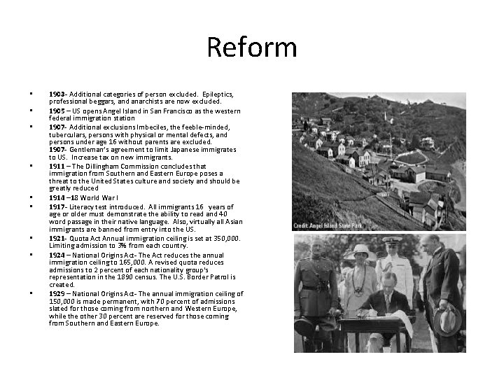 Reform • • • 1903 - Additional categories of person excluded. Epileptics, professional beggars, Reform • • • 1903 - Additional categories of person excluded. Epileptics, professional beggars,