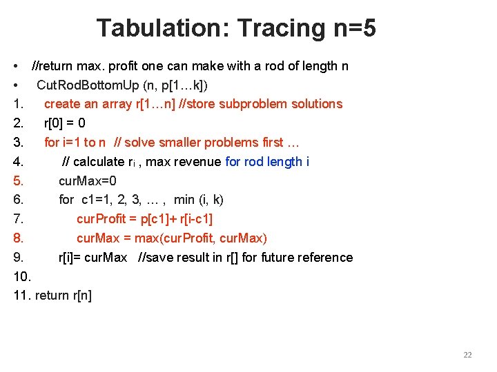 Tabulation: Tracing n=5 • //return max. profit one can make with a rod of