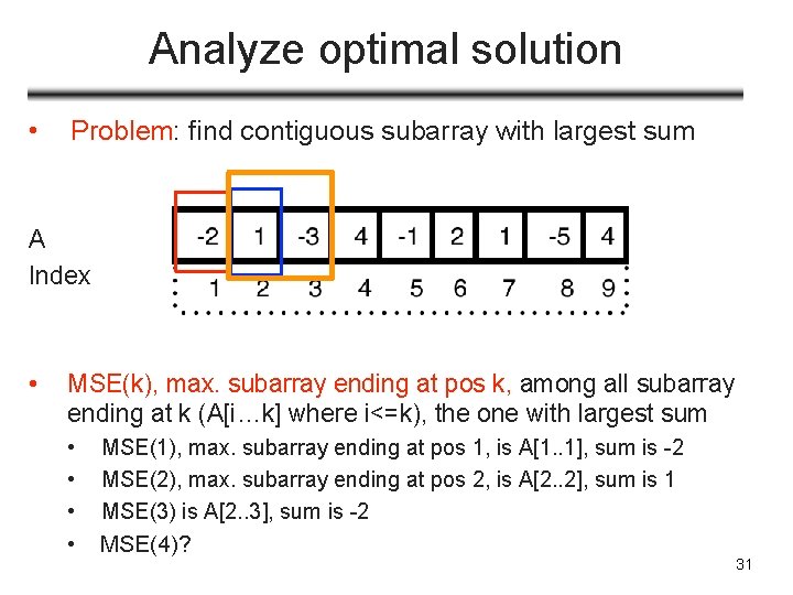Analyze optimal solution • Problem: find contiguous subarray with largest sum A Index •