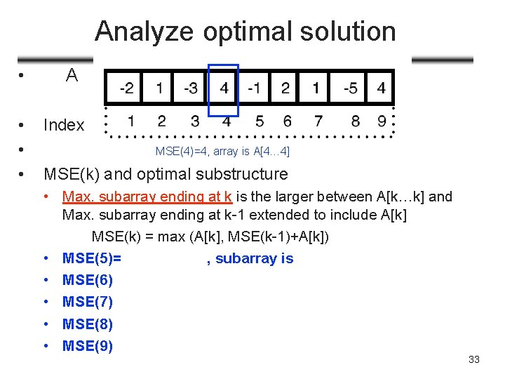 Analyze optimal solution • • A Index MSE(4)=4, array is A[4… 4] MSE(k) and