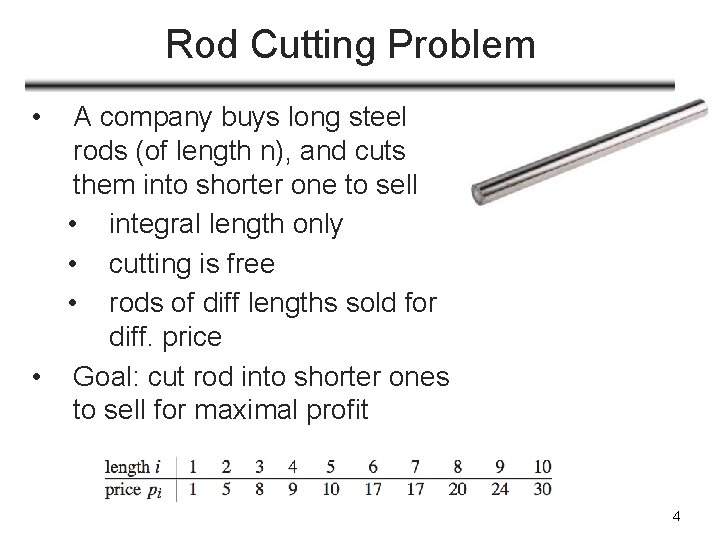 Rod Cutting Problem • A company buys long steel rods (of length n), and