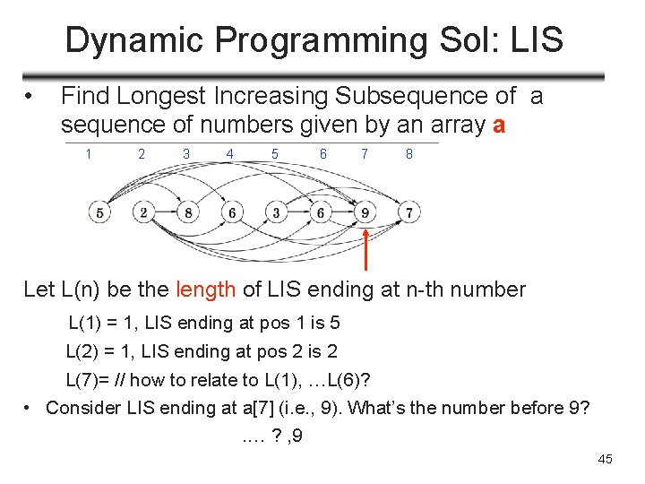 Dynamic Programming Sol: LIS • Find Longest Increasing Subsequence of a sequence of numbers