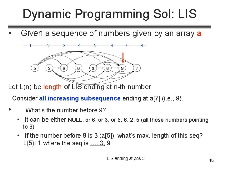 Dynamic Programming Sol: LIS • Given a sequence of numbers given by an array