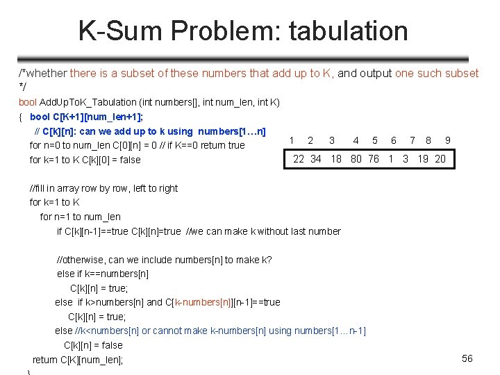 K-Sum Problem: tabulation /*whethere is a subset of these numbers that add up to
