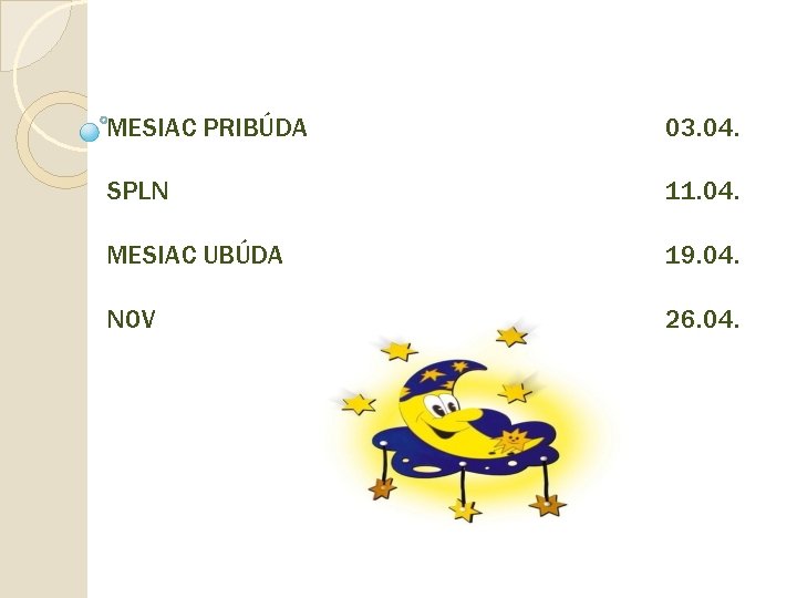 MESIAC PRIBÚDA 03. 04. SPLN 11. 04. MESIAC UBÚDA 19. 04. NOV 26. 04.