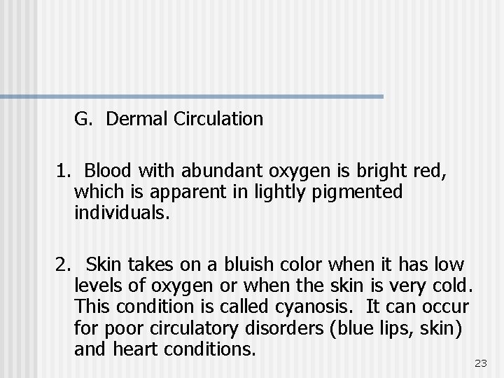 G. Dermal Circulation 1. Blood with abundant oxygen is bright red, which is apparent