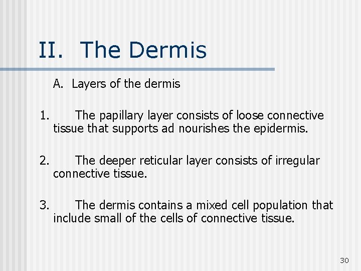 II. The Dermis A. Layers of the dermis 1. The papillary layer consists of