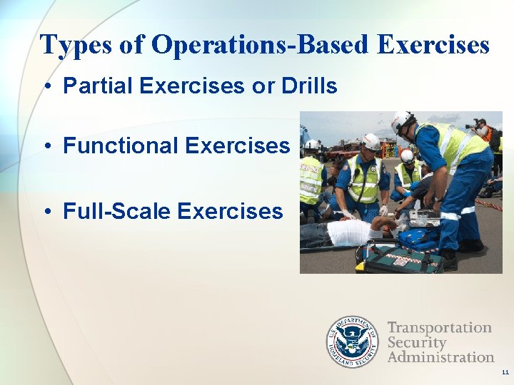 Types of Operations-Based Exercises • Partial Exercises or Drills • Functional Exercises • Full-Scale