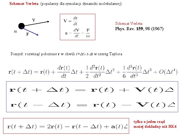 Schemat Verleta (popularny dla symulacji dynamiki molekularnej) V m Schemat Verleta Phys. Rev. 159,