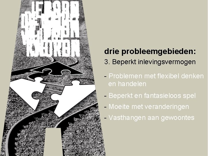 drie probleemgebieden: 3. Beperkt inlevingsvermogen - Problemen met flexibel denken en handelen - Beperkt