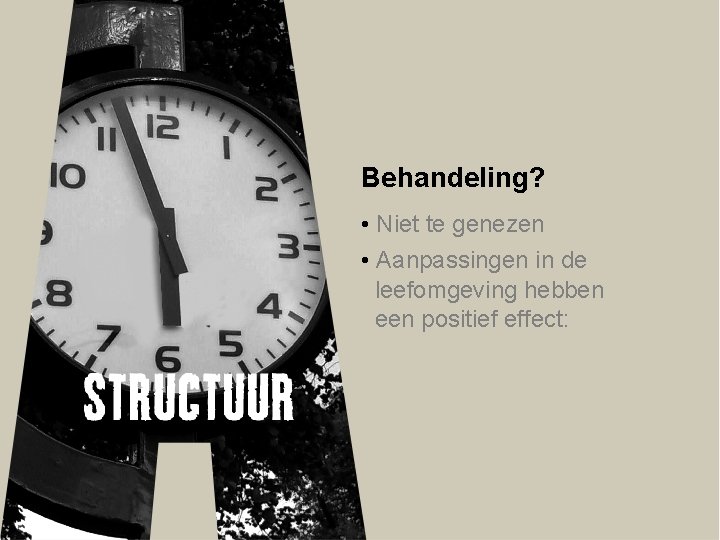 Behandeling? • Niet te genezen • Aanpassingen in de leefomgeving hebben een positief effect: