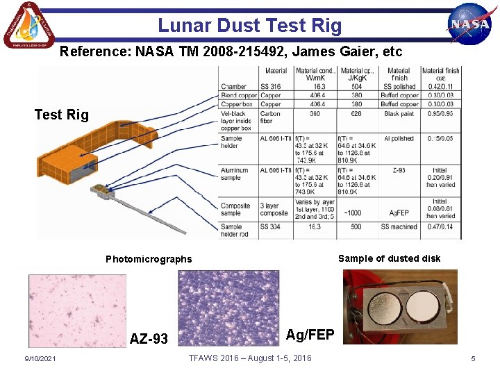 Lunar Dust Test Rig Reference: NASA TM 2008 -215492, James Gaier, etc Test Rig