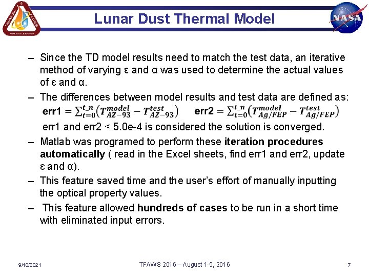 Lunar Dust Thermal Model – Since the TD model results need to match the