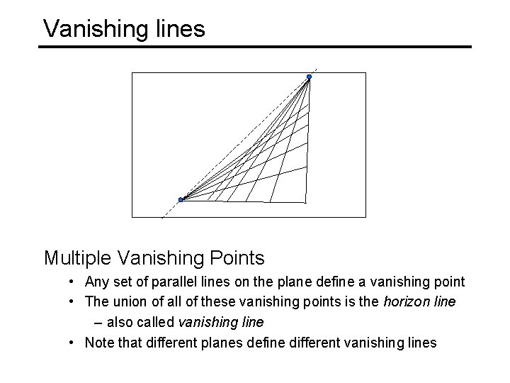Vanishing lines Multiple Vanishing Points • Any set of parallel lines on the plane