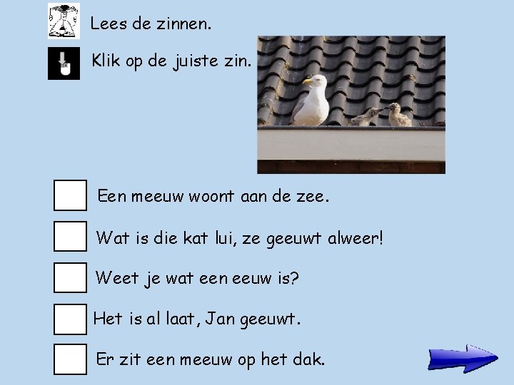 Lees de zinnen. Klik op de juiste zin. Een meeuw woont aan de zee.