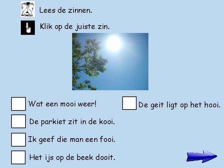 Lees de zinnen. Klik op de juiste zin. Wat een mooi weer! De parkiet