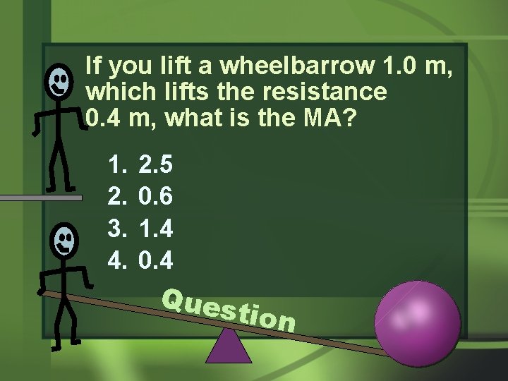 If you lift a wheelbarrow 1. 0 m, which lifts the resistance 0. 4