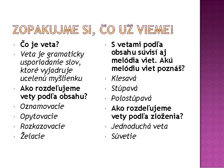  Čo je veta? Veta je gramaticky usporiadanie slov, ktoré vyjadruje ucelenú myšlienku Ako