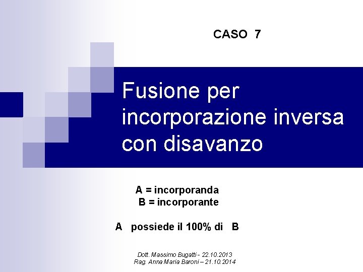 CASO 7 Fusione per incorporazione inversa con disavanzo A = incorporanda B = incorporante