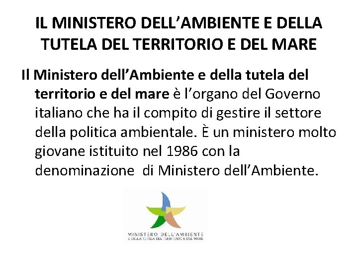 IL MINISTERO DELL’AMBIENTE E DELLA TUTELA DEL TERRITORIO E DEL MARE Il Ministero dell’Ambiente