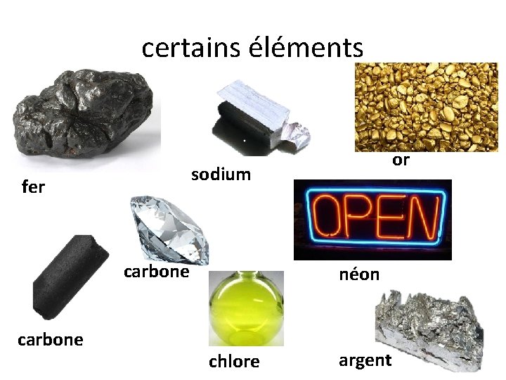 certains éléments sodium fer carbone or néon chlore argent 